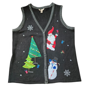White Stag Womens 2X Ugly Christmas Vest Black 3D Pearls Snowman Santa Button Up